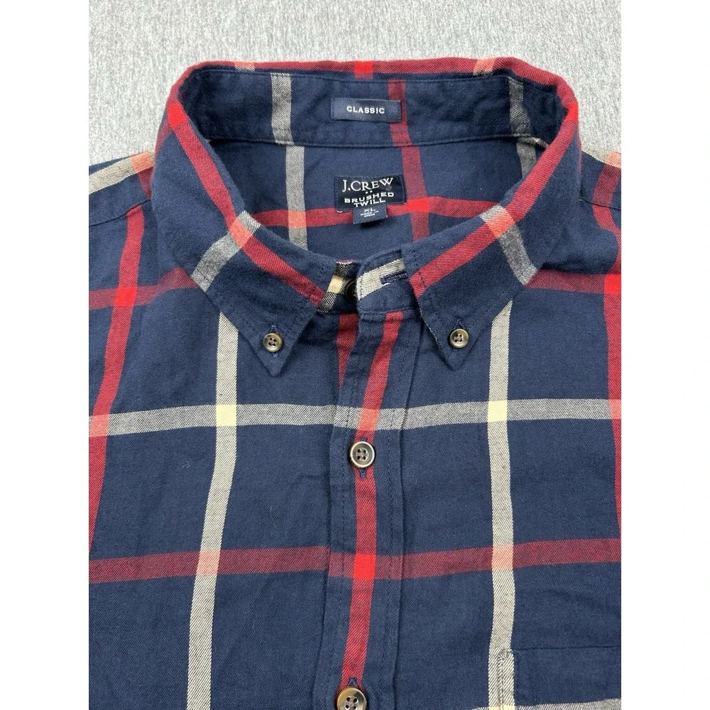 J Crew Brushed Twill Cotton Plaid Shirt Mens XL Blue Red Long Sleeve Button Down